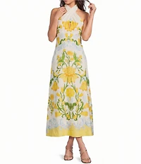 Mestiza New York Linen-Blend Lemon Verbena Halter Sleeveless A-Line Midi Dress