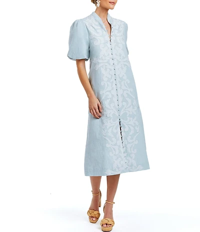 Mestiza New York Linen Blend Elliana Mandarin Collar Puff Sleeve Embroidered Applique Button Front Midi Dress