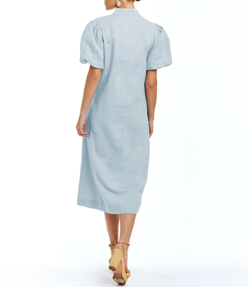 Mestiza New York Linen Blend Elliana Mandarin Collar Puff Sleeve Embroidered Applique Button Front Midi Dress