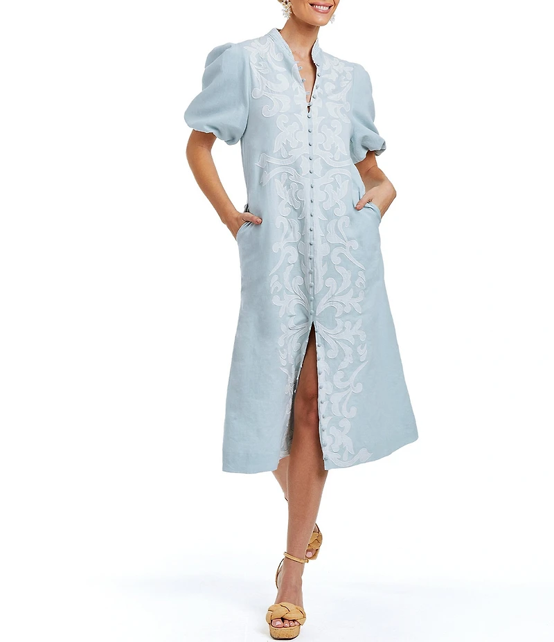 Mestiza New York Linen Blend Elliana Mandarin Collar Puff Sleeve Embroidered Applique Button Front Midi Dress