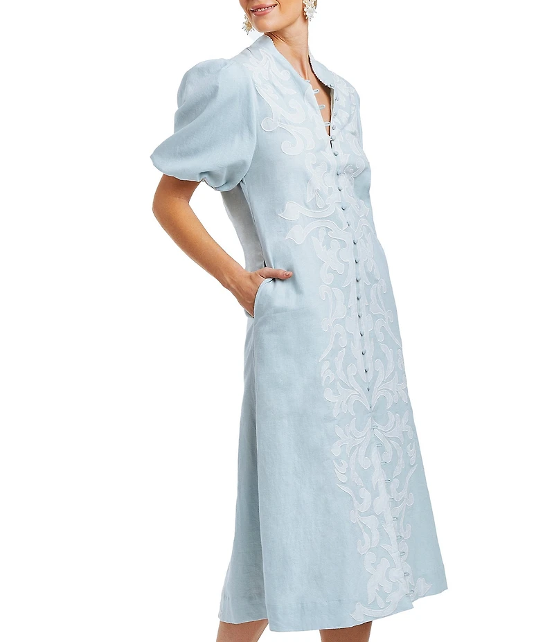Mestiza New York Linen Blend Elliana Mandarin Collar Puff Sleeve Embroidered Applique Button Front Midi Dress
