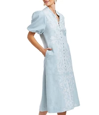 Mestiza New York Linen Blend Elliana Mandarin Collar Puff Sleeve Embroidered Applique Button Front Midi Dress