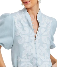 Mestiza New York Linen Blend Elliana Mandarin Collar Puff Sleeve Embroidered Applique Button Front Midi Dress