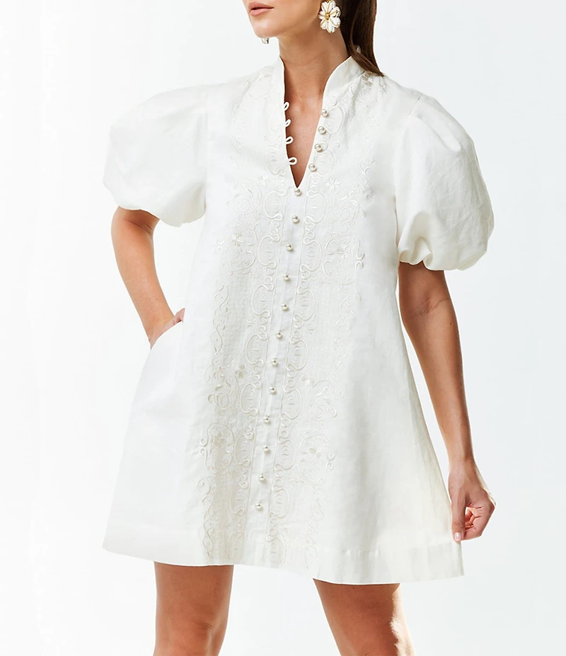 Mestiza New York Linen Blend Elliana Mandarin Collar Puff Sleeve Embroidered Button Front Mini Dress