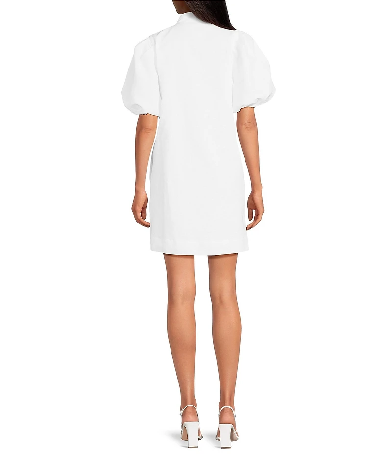 Mestiza New York Linen Blend Elliana Mandarin Collar Puff Sleeve Embroidered Button Front Mini Dress