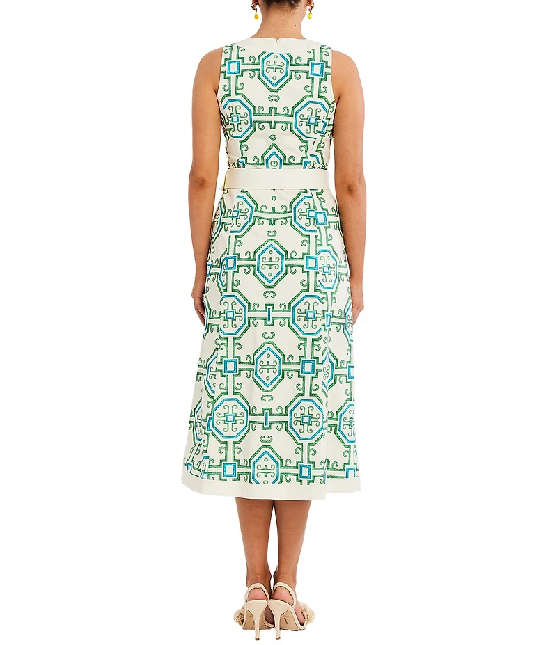 Mestiza New York Louisa Printed Poplin Crew Neck Sleeveless Belted Midi Dress