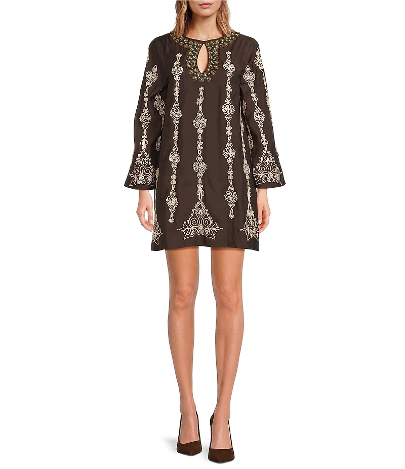 Mestiza New York Lucrezia Embroidered Linen Blend Round Keyhole Neck Long Bell Sleeve Dress