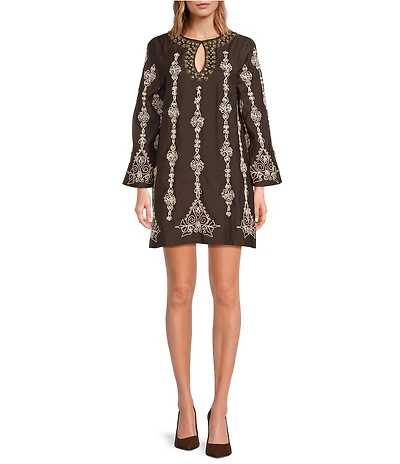 Mestiza New York Lucrezia Embroidered Linen Blend Round Keyhole Neck Long Bell Sleeve Dress