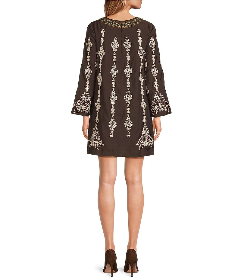 Mestiza New York Lucrezia Embroidered Linen Blend Round Keyhole Neck Long Bell Sleeve Dress