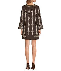 Mestiza New York Lucrezia Embroidered Linen Blend Round Keyhole Neck Long Bell Sleeve Dress
