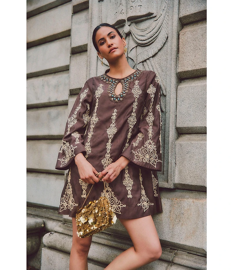 Mestiza New York Lucrezia Embroidered Linen Blend Round Keyhole Neck Long Bell Sleeve Dress