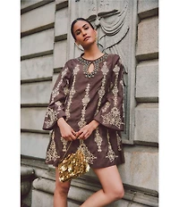 Mestiza New York Lucrezia Embroidered Linen Blend Round Keyhole Neck Long Bell Sleeve Dress