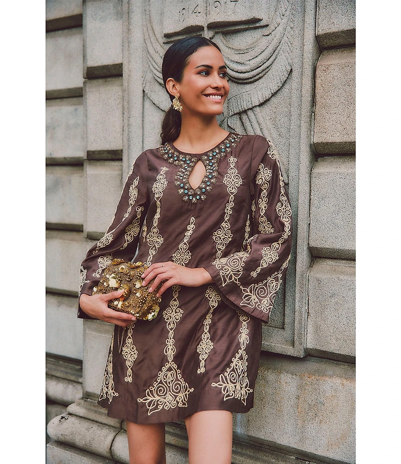 Mestiza New York Lucrezia Embroidered Linen Blend Round Keyhole Neck Long Bell Sleeve Dress