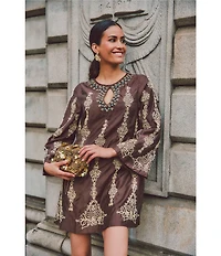 Mestiza New York Lucrezia Embroidered Linen Blend Round Keyhole Neck Long Bell Sleeve Dress