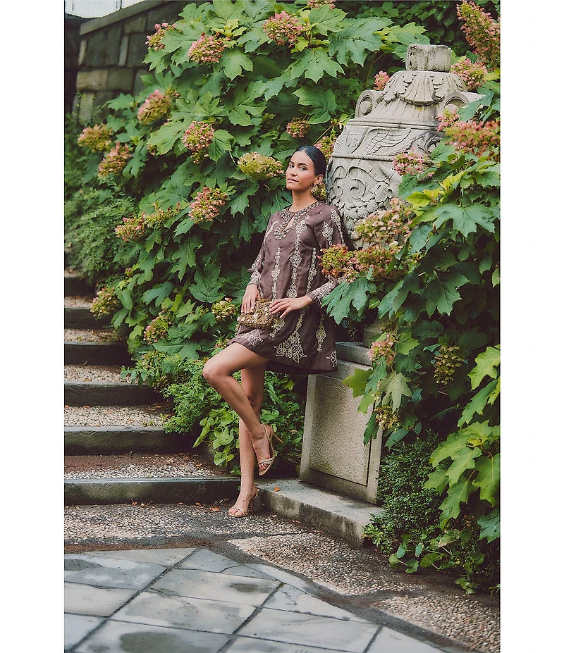 Mestiza New York Lucrezia Embroidered Linen Blend Round Keyhole Neck Long Bell Sleeve Dress