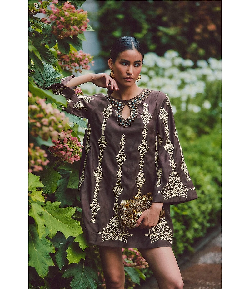 Mestiza New York Lucrezia Embroidered Linen Blend Round Keyhole Neck Long Bell Sleeve Dress