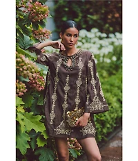 Mestiza New York Lucrezia Embroidered Linen Blend Round Keyhole Neck Long Bell Sleeve Dress