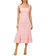 Mestiza New York Manila 3D Floral Lace Square Scalloped Neckline Sleeveless Midi Dress