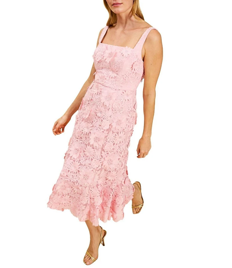 Mestiza New York Manila 3D Floral Lace Square Scalloped Neckline Sleeveless Midi Dress
