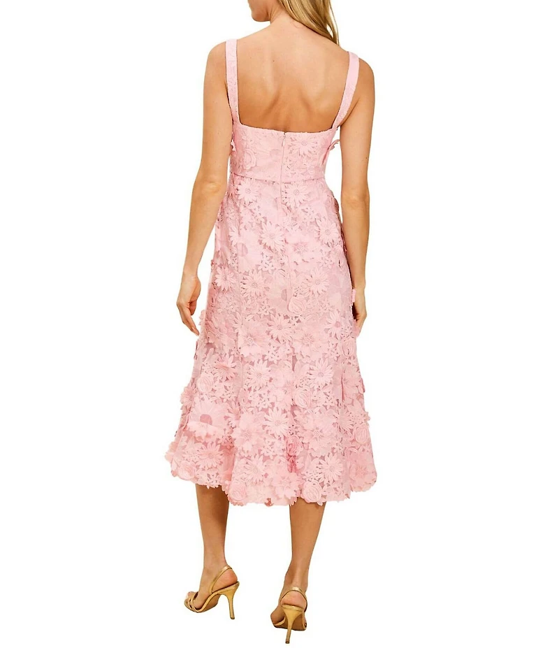 Mestiza New York Manila 3D Floral Lace Square Scalloped Neckline Sleeveless Midi Dress