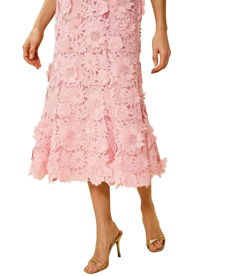 Mestiza New York Manila 3D Floral Lace Square Scalloped Neckline Sleeveless Midi Dress