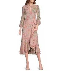 Mestiza New York Ophelia Twill Floral Print Crew Twisted Keyhole Neckline Long Balloon Sleeves A-Line Ruffle Midi Dress