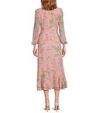 Mestiza New York Ophelia Twill Floral Print Crew Twisted Keyhole Neckline Long Balloon Sleeves A-Line Ruffle Midi Dress