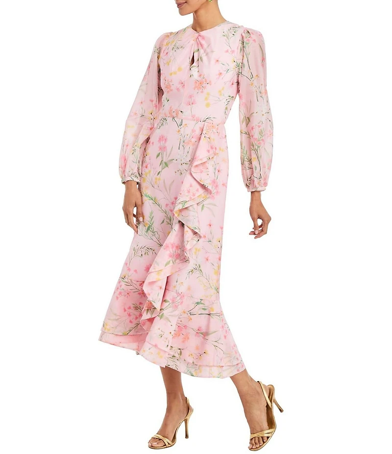 Mestiza New York Ophelia Twill Floral Print Crew Twisted Keyhole Neckline Long Balloon Sleeves A-Line Ruffle Midi Dress