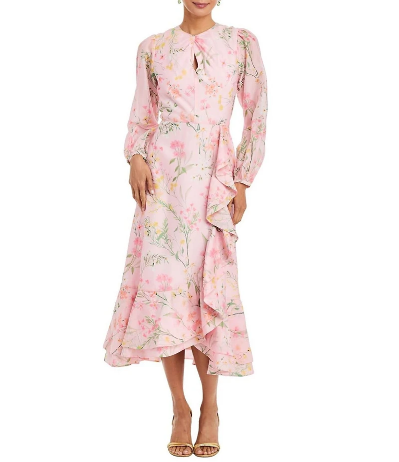 Mestiza New York Ophelia Twill Floral Print Crew Twisted Keyhole Neckline Long Balloon Sleeves A-Line Ruffle Midi Dress