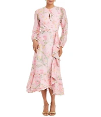 Mestiza New York Ophelia Twill Floral Print Crew Twisted Keyhole Neckline Long Balloon Sleeves A-Line Ruffle Midi Dress