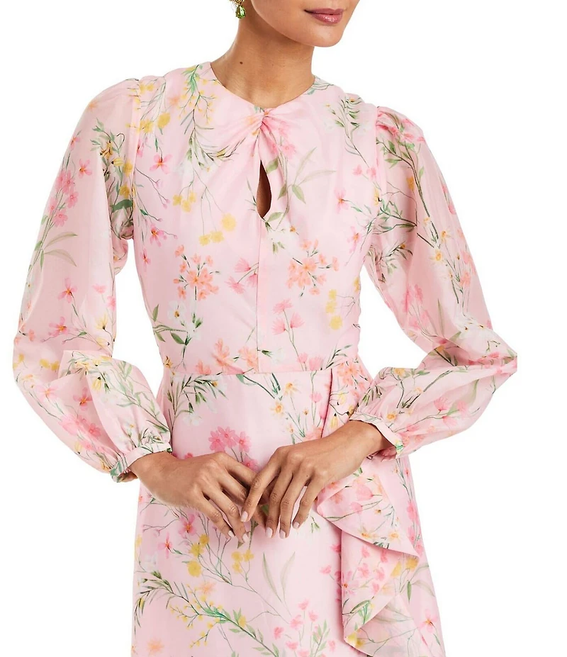 Mestiza New York Ophelia Twill Floral Print Crew Twisted Keyhole Neckline Long Balloon Sleeves A-Line Ruffle Midi Dress