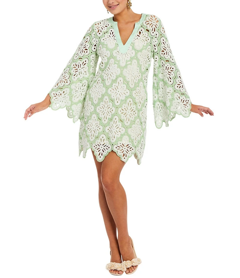 Mestiza New York Palermo Lace Split V-Neck Long Bell Sleeve Scallop Dress