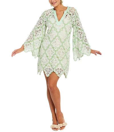 Mestiza New York Palermo Lace Split V-Neck Long Bell Sleeve Scallop Dress