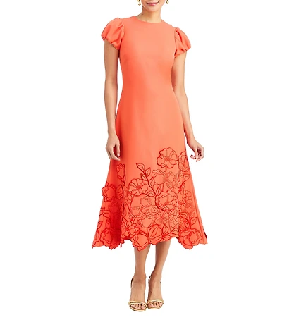 Mestiza New York Perla Crew Neck Short Puff Sleeve Floral Applique Fit And Flare Midi Dress