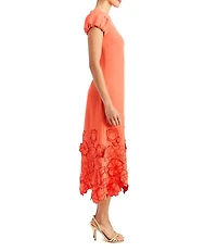 Mestiza New York Perla Crew Neck Short Puff Sleeve Floral Applique Fit And Flare Midi Dress