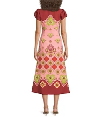 Mestiza New York Perla Flamingo Flourish Crew Neck Short Puff Sleeve Fit-And-Flare Midi Dress