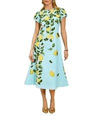 Mestiza New York Perla Sorrento Citrus Print Crew Neck Short Puff Sleeve Fit-And-Flare Midi Dress