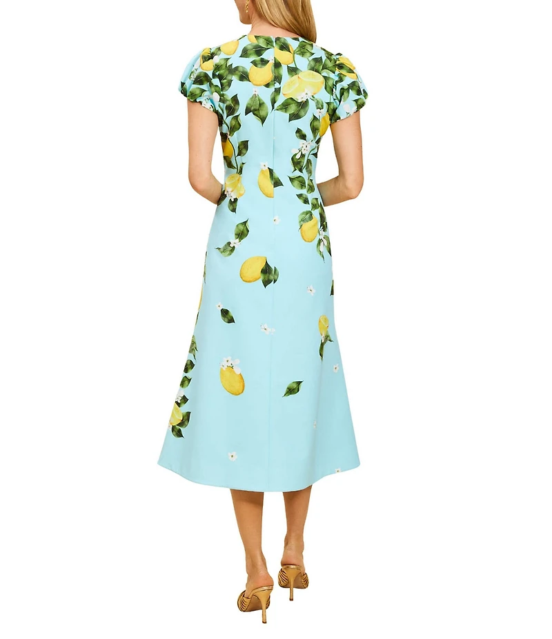 Mestiza New York Perla Sorrento Citrus Print Crew Neck Short Puff Sleeve Fit-And-Flare Midi Dress