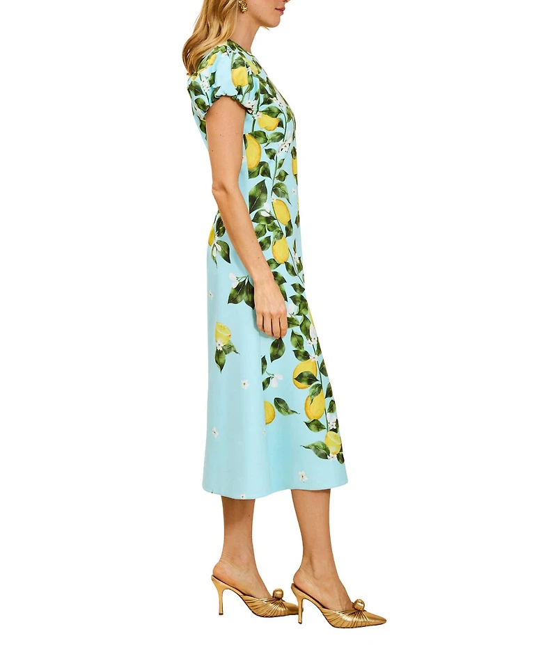 Mestiza New York Perla Sorrento Citrus Print Crew Neck Short Puff Sleeve Fit-And-Flare Midi Dress