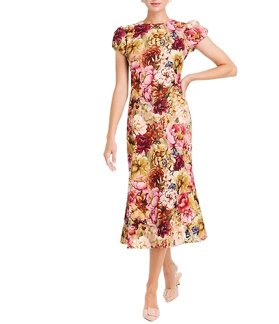 Mestiza New York Perla Stretch Crepe Floral Print Round Neck Short Sleeve Midi Dress