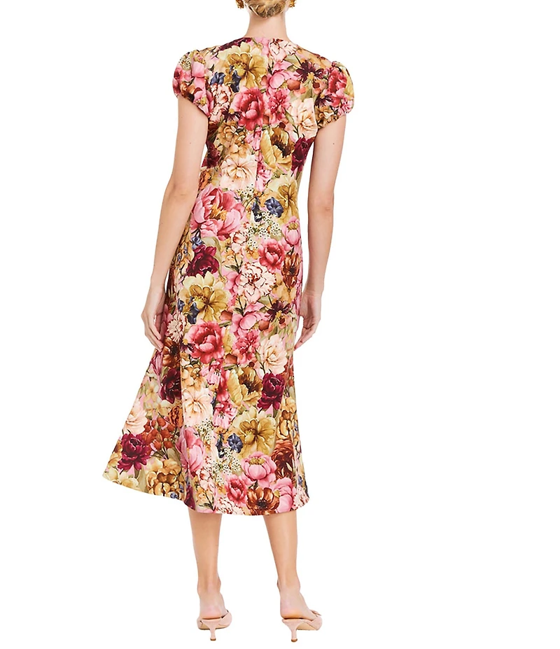 Mestiza New York Perla Stretch Crepe Floral Print Round Neck Short Sleeve Midi Dress