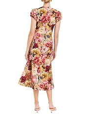 Mestiza New York Perla Stretch Crepe Floral Print Round Neck Short Sleeve Midi Dress