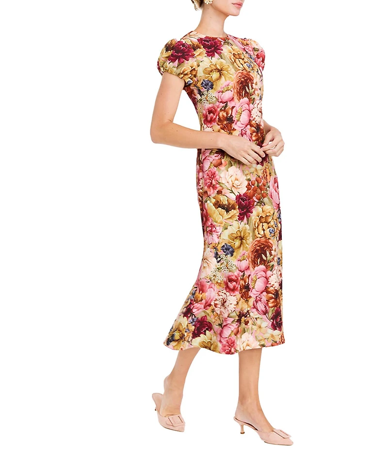 Mestiza New York Perla Stretch Crepe Floral Print Round Neck Short Sleeve Midi Dress