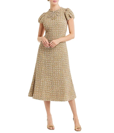 Mestiza New York Perla Tweed Crew Neck Corded Rhinestone Bow Cap Puff Sleeve Midi Dress