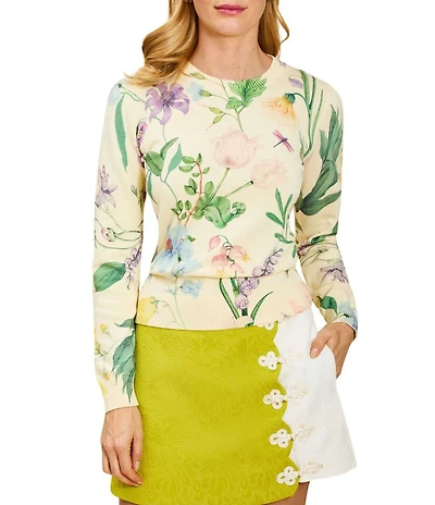 Mestiza New York Phoebe Floral Print Crew Neck Long Ribbed Sleeve Sweater