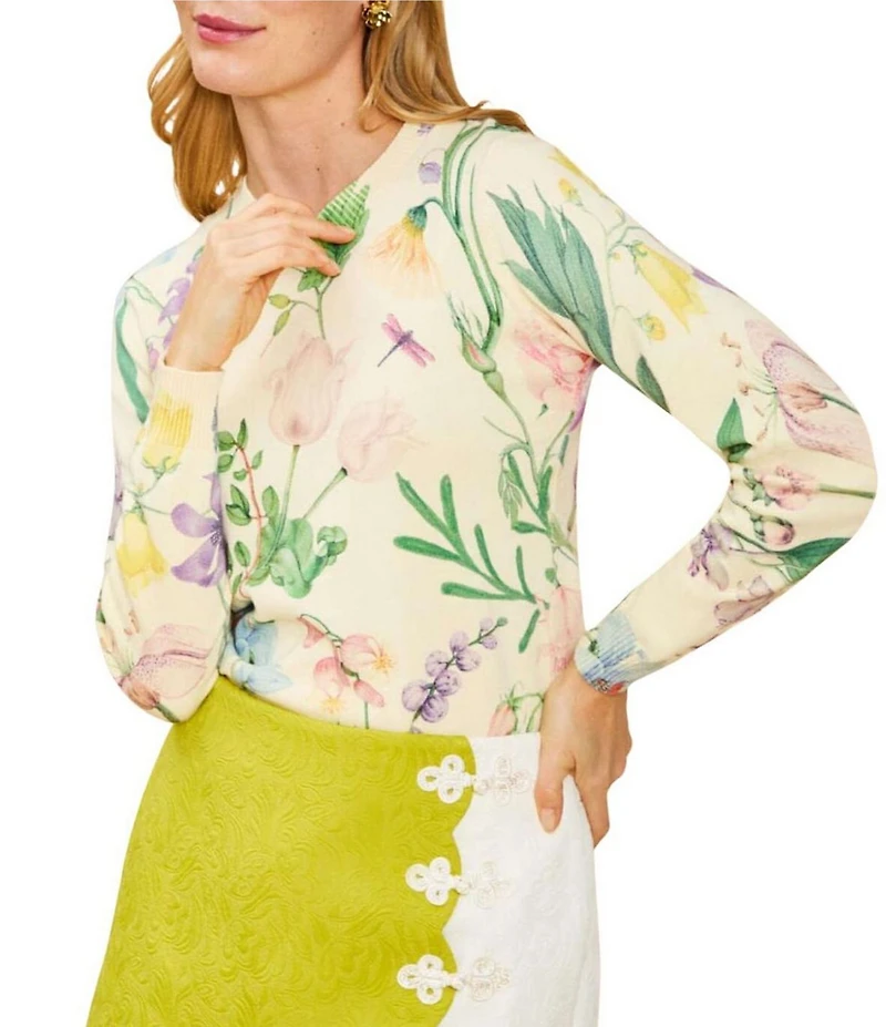 Mestiza New York Phoebe Floral Print Crew Neck Long Ribbed Sleeve Sweater