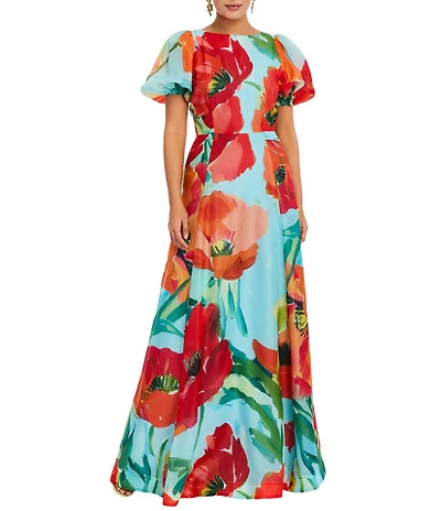 Mestiza New York Pippa Floral Organza Round Neck Puff Sleeve Belted Fit-And-Flare Gown