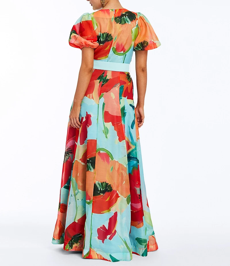 Mestiza New York Pippa Floral Organza Round Neck Puff Sleeve Belted Fit-And-Flare Gown