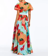 Mestiza New York Pippa Floral Organza Round Neck Puff Sleeve Belted Fit-And-Flare Gown