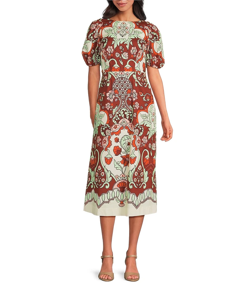 Mestiza New York Pippa Jardin Rose Print Boat Neck Short Puff Sleeve Midi Dress